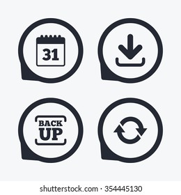Download and Backup data icons. Calendar and rotation arrows sign symbols. Flat icon pointers.