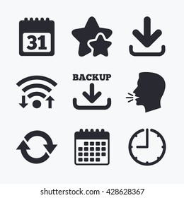 Download and Backup data icons. Calendar and rotation arrows sign symbols. Wifi internet, favorite stars, calendar and clock. Talking head. Vector