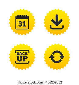 Download and Backup data icons. Calendar and rotation arrows sign symbols. Yellow stars labels with flat icons. Vector