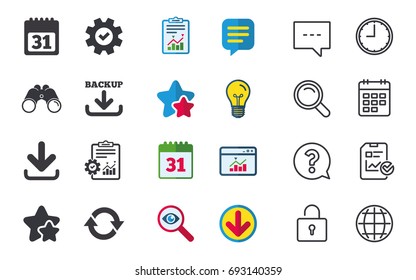 Download and Backup data icons. Calendar and rotation arrows sign symbols. Chat, Report and Calendar signs. Stars, Statistics and Download icons. Question, Clock and Globe. Vector