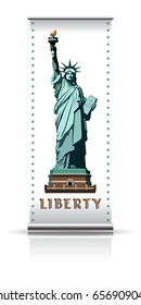 Download banner. Statue of Liberty. Happy. Text. USA. Patterns presentations. 3D font letters. The national symbol of America. Green and blue illustration on a white background. poster