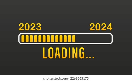 Barra de descarga. Carga de 2022, 2023 el año próximo. Banner horizontal divertido, para web o impresión. Feliz año nuevo 2023, celebración de la cuenta regresiva. Ilustración del vector