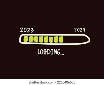 Download bar. 2023 loading, 2024 next year. Funny horizontal banner, for web or print. Text and symbols on black background. Poster or card template in doodle style. Vector illustration