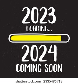 Download bar, doodle design. 2023 loading, 2024 coming soon - phrase. Template for web or print. White text on black background. Printable funny card. Counter, measurement scale. vector illustration