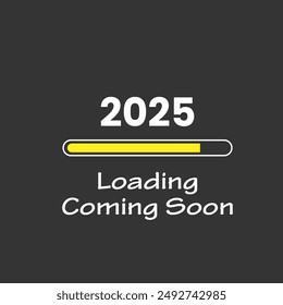 Download bar, doodle design. 2024 loading, 2025 coming soon - phrase. Template for web or print. White text on black background. Printable funny card. Counter, measurement scale. vector illustration