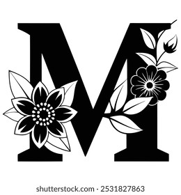 Baixe uma bela letra maiúscula M com um efeito floral. Esta ilustração vetorial apresenta arte de linha, silhueta, ícone, design de logotipo e clipart, ideal para projetos de marca e criativos.