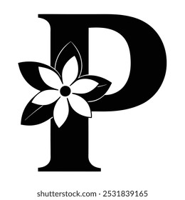 Baixe uma bela letra maiúscula P com um efeito floral. Esta ilustração vetorial inclui arte de linha, silhueta, ícone, design de logotipo e clipart, perfeito para branding, projetos criativos. 