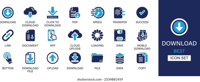 Descarga mejor conjunto de iconos sólidos colección. Descarga en la nube, Hacer clic a Descarga Guardar, pdf, velocidad, transferencia, documento, ``Descarga móvil, App, archivo, datos y Ilustración vectorial.