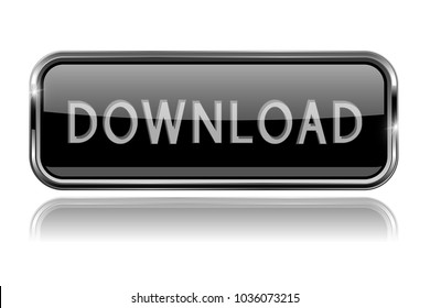 Download black button. Glass rectangle icon with metal frame, with shadow. Vector 3d illustration isolated on white background