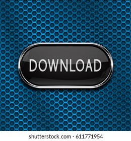 DOWNLOAD black oval button on blue perforated background. Vector 3d illustration