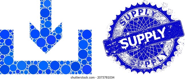 Download box vector collage of round dots in variable sizes and blue color shades, and grunge Supply stamp seal. Blue round sharp rosette seal contains Supply title inside it.