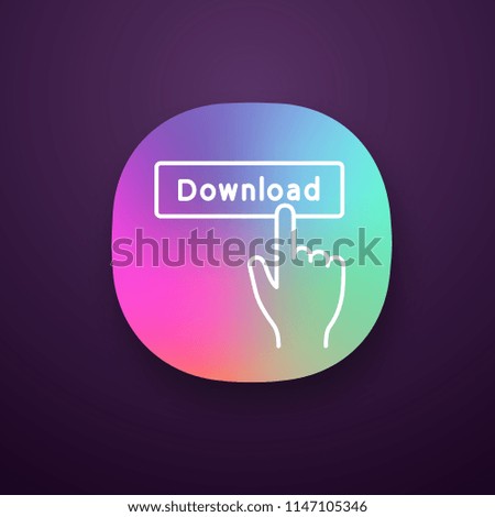 Download button click app icon. UI/UX user interface. Data receiving. Hand pressing button. Download app. Web or mobile applications. Vector isolated illustration