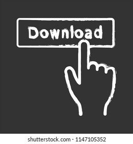 Download button click chalk icon. Data receiving. Hand pressing button. Download app. Isolated vector chalkboard illustrations