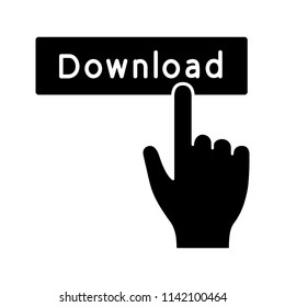 Download button click glyph icon. Silhouette symbol. Data receiving. Hand pressing button. Download app. Negative space. Vector isolated illustration