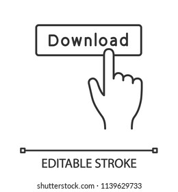 Download button click linear icon. Thin line illustration. Data receiving. Hand pressing button. Download app. Contour symbol. Vector isolated outline drawing. Editable stroke