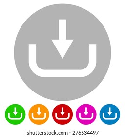 Download button, download icon, arrow pointing down to a hard drive, flat vector icon
