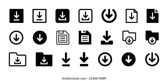 Download button icon collection. Downloading file icon set on black and white design.