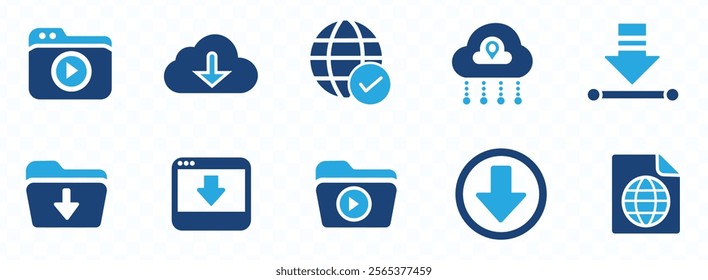 Download button icon collection. Downloading file icon set on black and white design.
