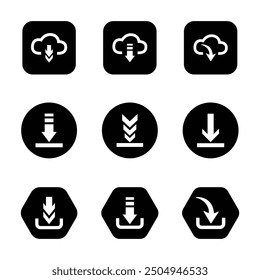 Download button icon set vector line and silhouette, down load file, video document and other in black color vector design.
