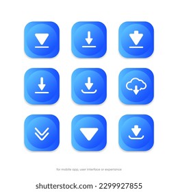 Download button icon. Upload icon. Down arrow bottom side symbol. Click here button. Save cloud icon push button for UI UX, website, mobile application.