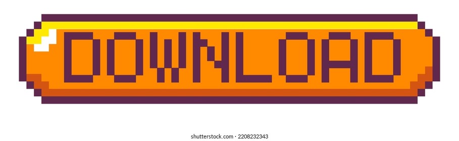 Download-Schaltfläche in der Schnittstelle von Arcade oder Wettbewerb. Isolierte Vintage-Box mit verpixeltem Wort, klicken Sie, um Inhalte zu erhalten. Pixelkunst, 8-Bit-Retro-Grafik, altes Spieldesign. Vektorgrafik auf Flach-Art