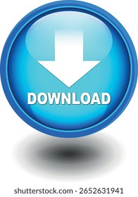 Botón de Descarga para el uso del Sitio web de Internet. Icono de Descarga azul sobre fondo blanco aislado con sombra.