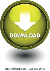 Botón de Descarga para el uso del Sitio web de Internet. Icono de Descarga azul sobre fondo blanco aislado con sombra.