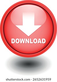Botón de Descarga para el uso del Sitio web de Internet. Icono de Descarga azul sobre fondo blanco aislado con sombra.