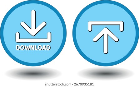 Botón de Descarga para el uso del Sitio web de Internet. Icono de Descarga azul sobre fondo blanco aislado con sombra.