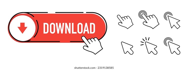 Download button isolated on white background.Flat finger cursor and mouse cursor isolated on white background. vector illustration.
