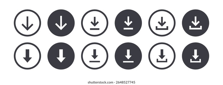 Línea de Botón de Descarga y colección circular plana, iconos web. Ilustración vectorial