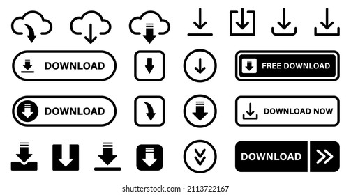 Download Button Line and Silhouette Icon Set. Down Load Web App, File, Video, Document Pictogram. Cloud, Circle, Arrow Down Upload Concept Symbol. Editable Stroke. Isolated Vector Illustration.