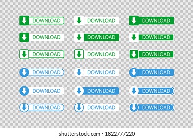 Download button on transparent background in flat. Green and blue vector buttons. Arrow icon for web design