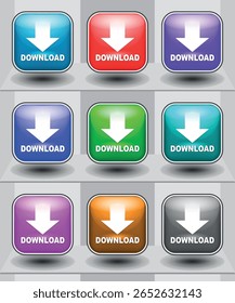 Download-Button-Set für die Nutzung der Website. Blaues Download-Symbol auf einzeln weißem Hintergrund mit Schatten.