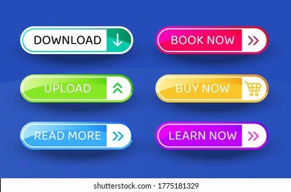 Download Button, Set Of Vector Modern Material Style Buttons. Different Gradient Colors And Icons.