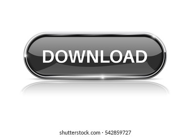 Download button. Shiny black oval web icon. Vector 3d illustration isolated on white background.