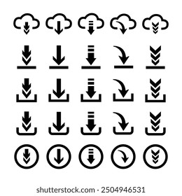 Download button vector line and silhouette icon set down load file video document and other in black color.