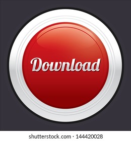 Download button. Vector red round sticker. Metallic icon with gradient.