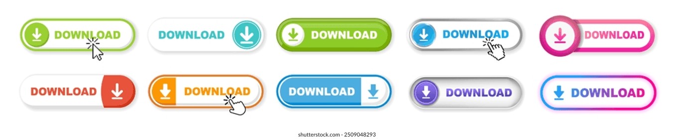 Download buttons design set on transparent background. Click push button isolated.