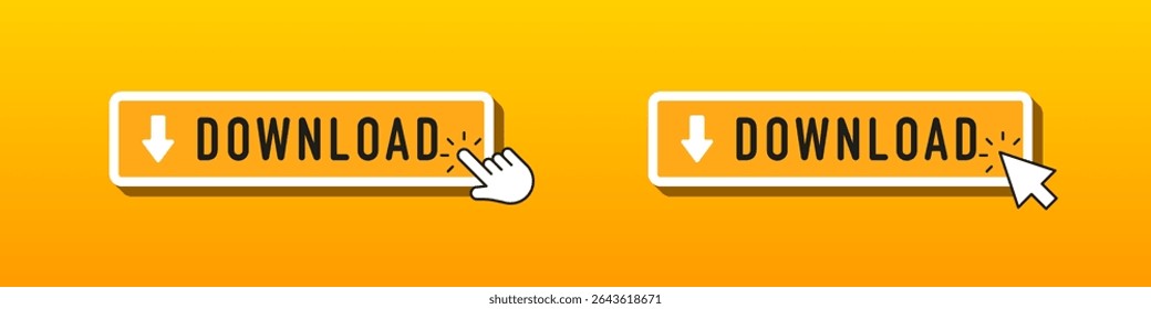 Download buttons with hand and cursor icons on orange gradient background, indicating interactive click action for digital content or file download.