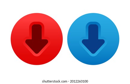 Botones de descarga. Botones de flecha roja y azul. Ilustración vectorial 3d aislada en fondo blanco.