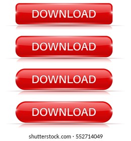 Download buttons. Set of red shiny 3d icons. Vector illustration isolated on white background.