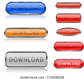 Download buttons. Web glass colored 3d icons with chrome frame. Vector illustration isolated on white background
