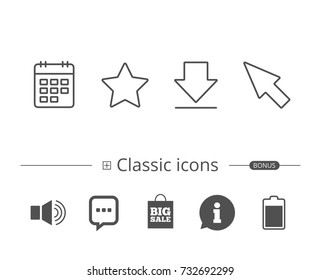 Download, Calendar and Cursor line icons. Favorite Star sign. Information speech bubble sign. And more signs. Editable stroke. Vector