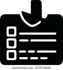 Download Checklist Document Icon, Simple black icon showing a downloadable checklist document with arrow, symbolizing file download, tasks, forms, and digital documentation.

