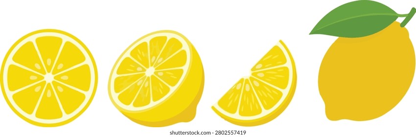 Download a clean flat design illustration of lemons on a pure white background. Features a whole lemon with a green leaf, a cross-section slice, a half-cut profile, and a lemon wedge with subtle shadows. Perfect for fresh, modern food and beverage graphics.
#LemonIcons #VectorGraphics #MinimalistDesign #BrandingAssets #FruitClipart #LogoDesign #AppIcon #GraphicDesign #FreshAesthetics #DigitalAssets