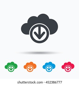 Download from cloud icon. Data storage technology symbol. Colored flat web icon on white background. Vector