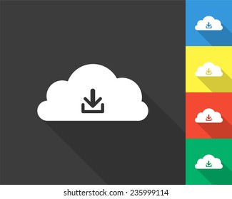 download from cloud icon - gray and colored (blue, yellow, red, green) vector illustration with long shadow