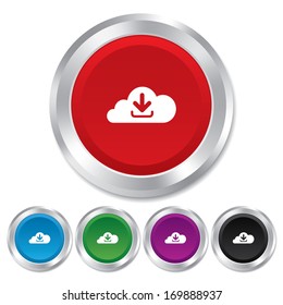 Download from cloud icon. Upload button. Load symbol. Round metallic buttons. Vector