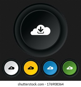 Download from cloud icon. Upload button. Load symbol. Round colourful buttons on black texture. Vector